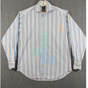 Tailorbyrd Mens White Blue Striped Button Down Long‎ Sleeve 100% Cotton Size L
